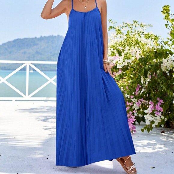 Royal Blue Casual Women's Loose Pleated Backless Spaghetti Strap Dress - Picture 5 of 5